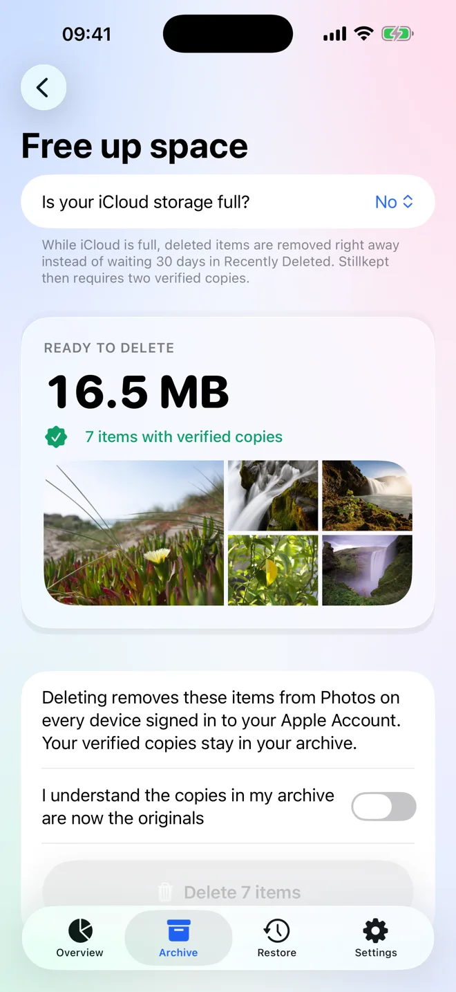 Stillkept Free up space screen: 16.5 MB ready to delete, 7 items with verified copies, delete locked until confirmed